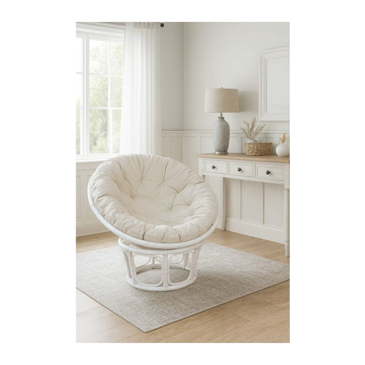 Möbel direkt Papasansessel im Bohemian Stil aus Rattan mit Kissen, Durchmesser: 100 cm, Beige/Weiß - Bild 1
