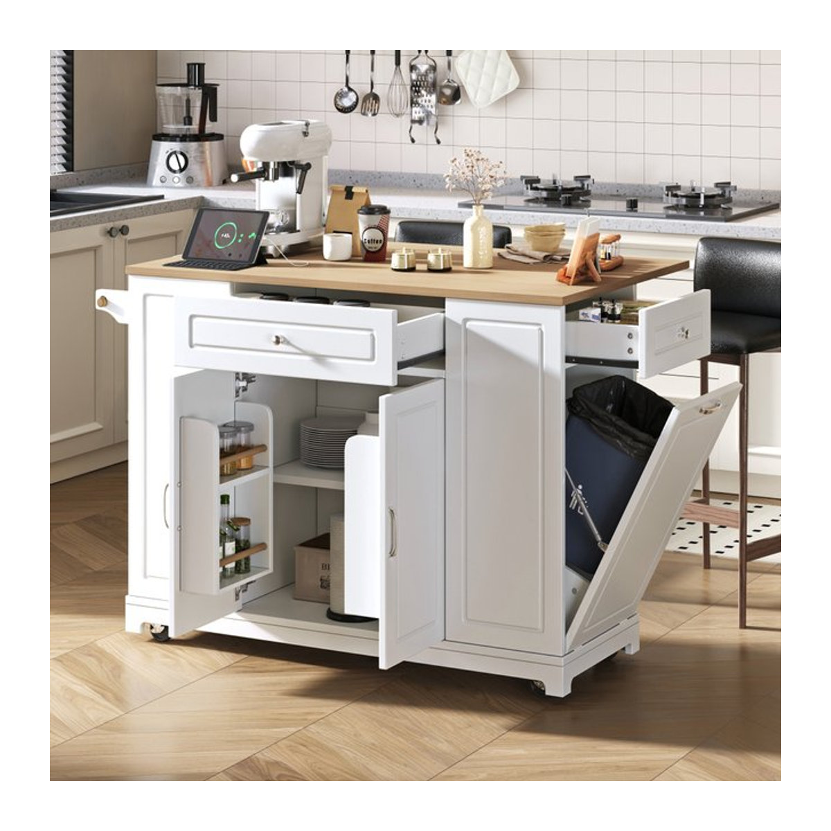 Mobile Kücheninsel im Landhausstil mit Rollen, ausziehbare Kücheninsel mit Multifunktionsschubladen und Mülleimer, Schwarz oder Weiß - Bild 1