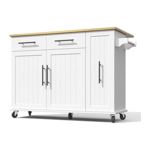 Mobile Kücheninsel von TG Electrical DE in Weiß und Natur mit ausklappbarer Arbeitsplatte und 3-stufigem ausziehbarem Schrank-Organizer, B/T/H: 120 x 40/65 x 90 cm