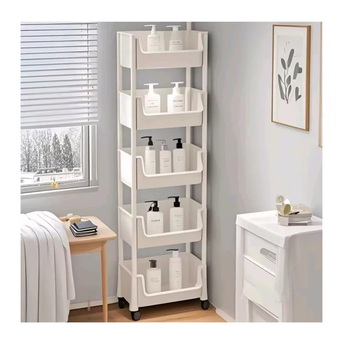 Mobiles 5-stufiges Bücherregal aus Kunststoff in Weiß mit Rollen für Wohnzimmer und Schlafzimmer - Bild 1