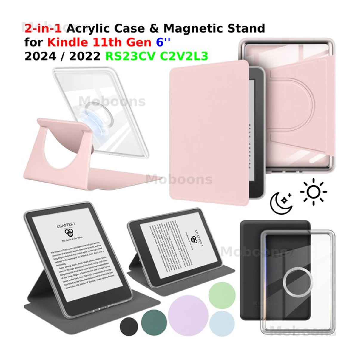 Moboons 2-in-1 Magnetische Hülle für Kindle 11. Generation 6'' mit 360 Grad drehbarem Acrylgehäuse und abnehmbarem PU-Lederständer in Rosa - Bild 1