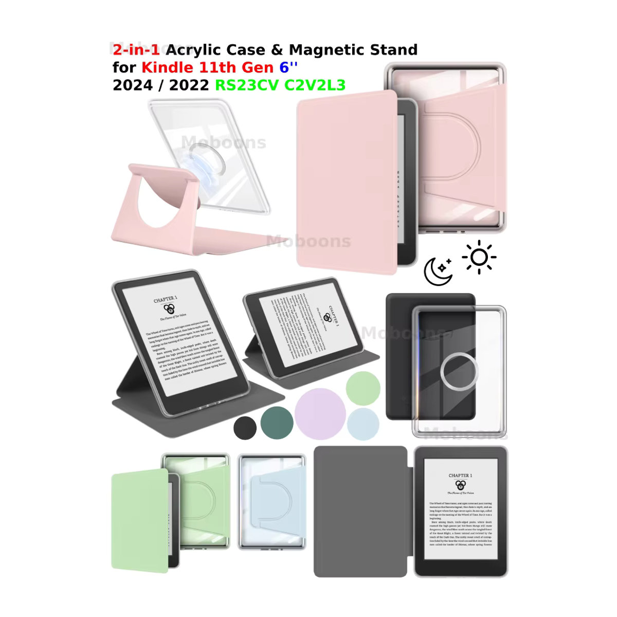 Moboons 2-in-1 Magnetische Hülle für Kindle 11. Generation 6'' mit 360 Grad drehbarem Acrylgehäuse und abnehmbarem PU-Lederständer in Rosa - Bild 6