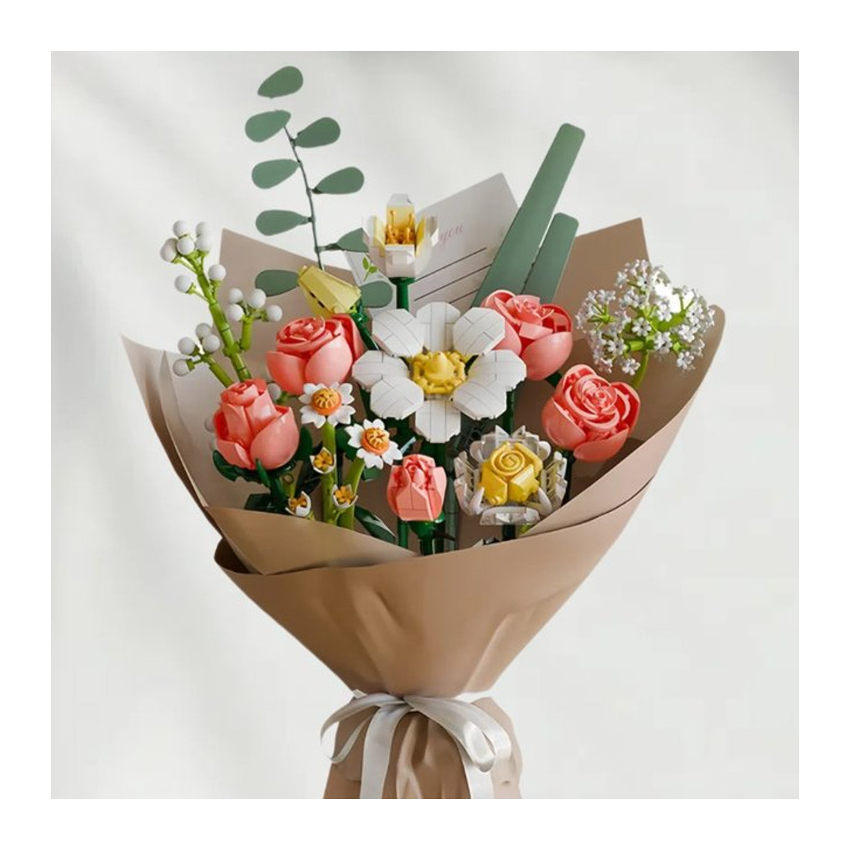 MOC Rosenstrauß-Bausteine-Set in Rosa und Mehrfarbig mit Blumen-Geschenkpapier für Erwachsene - Bild 1
