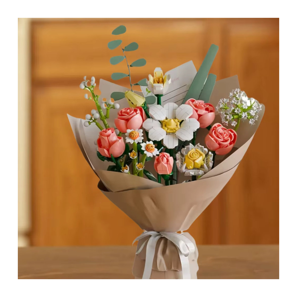 MOC Rosenstrauß-Bausteine-Set in Rosa und Mehrfarbig mit Blumen-Geschenkpapier für Erwachsene - Bild 3
