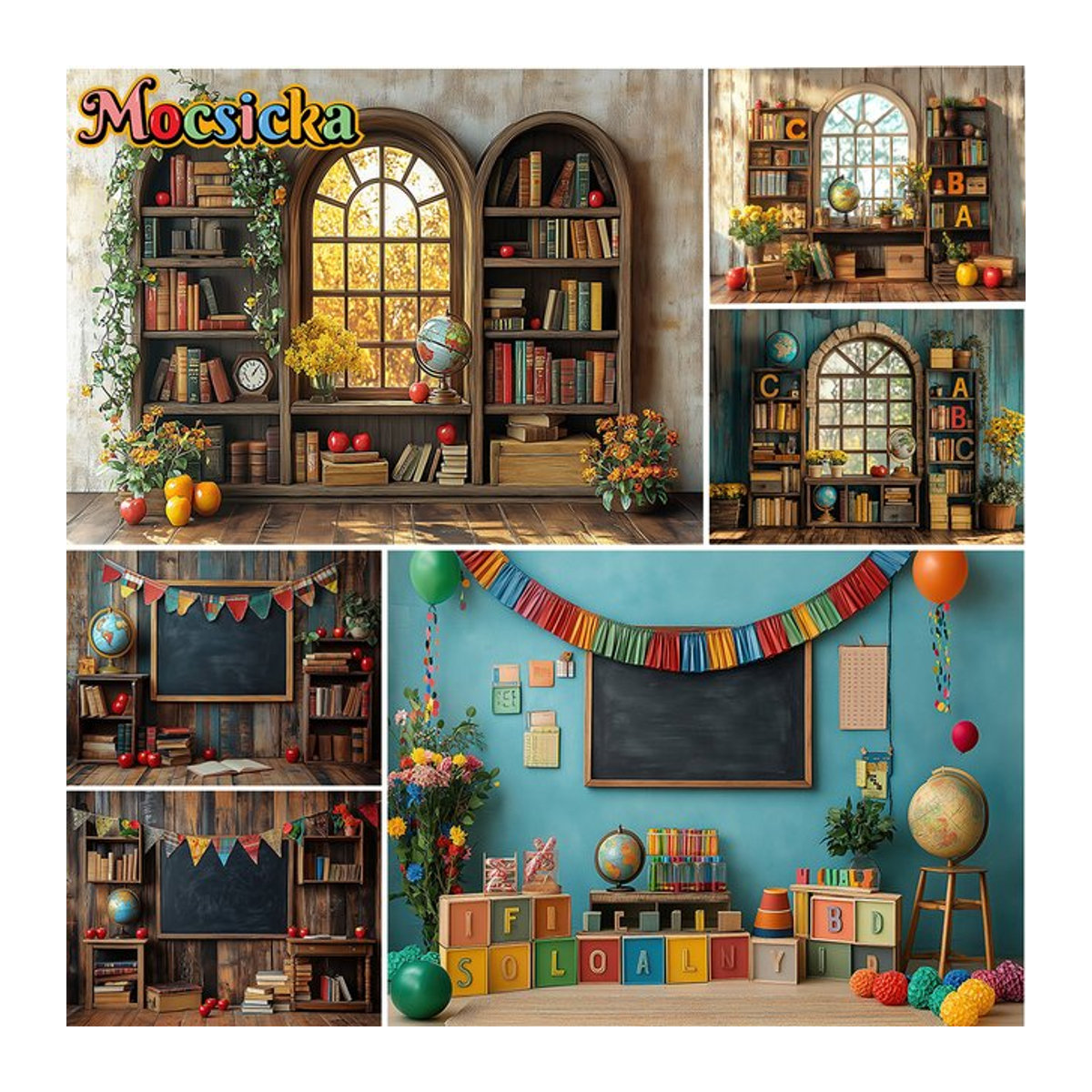 Mocsicka Fotohintergrund für Abschlussfotografie 2026 mit Tafel und Bücherregal in Vintage-Optik, mehrfarbig - Bild 1