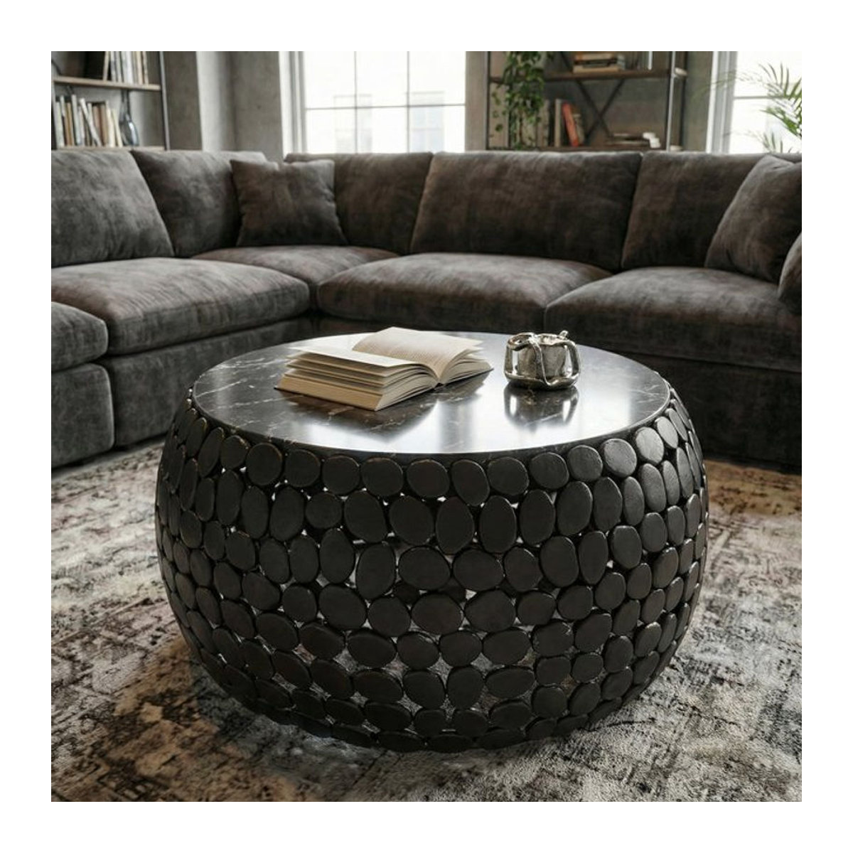 Modern Couchtisch rund aus Aluminium und Marmor von Finebuy in Schwarz, Durchmesser: 65 cm - Bild 1