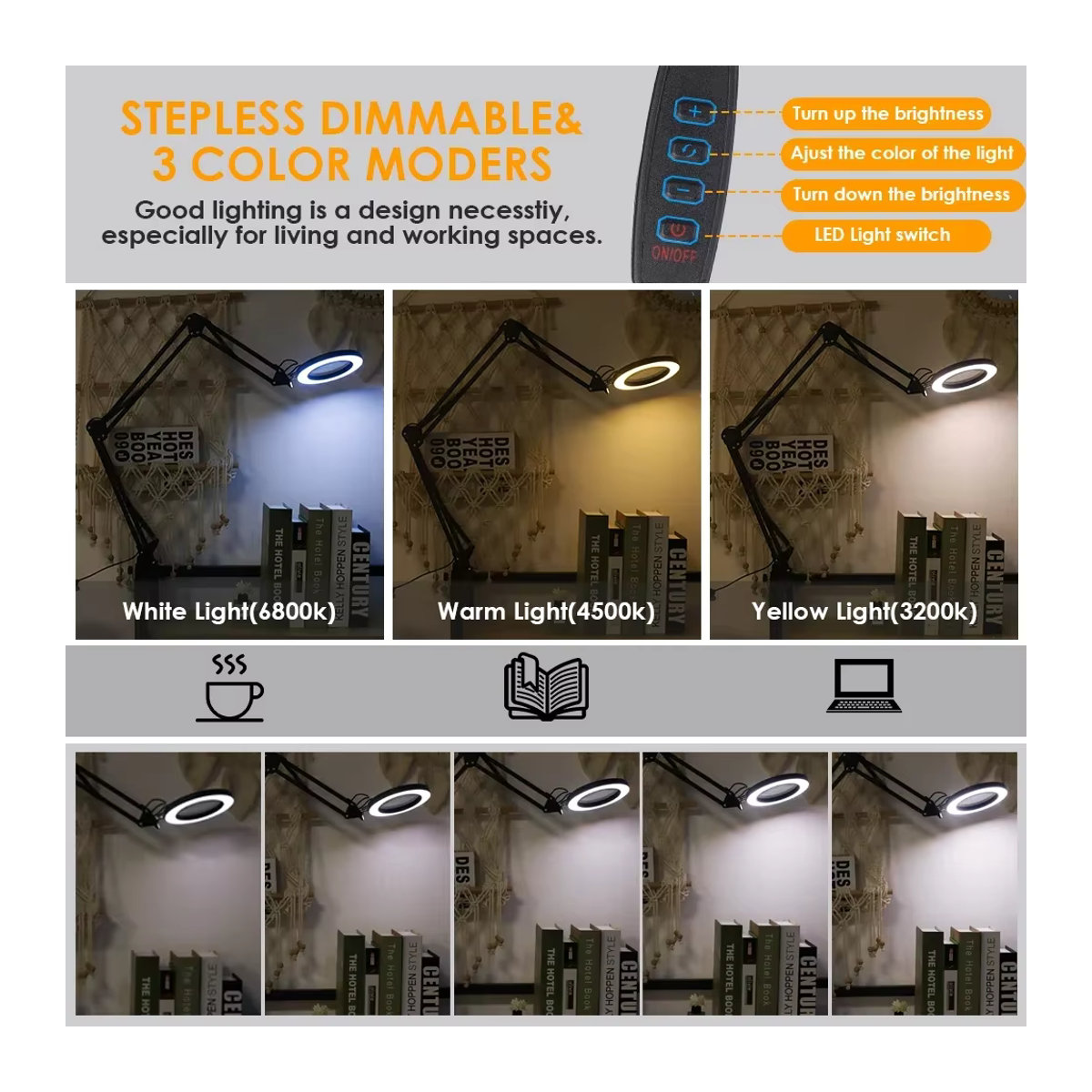 Moderne 3-Segment-LED-Tischlampe in Schwarz mit 3 Beleuchtungsmodi und einstellbarer Helligkeit - Bild 3