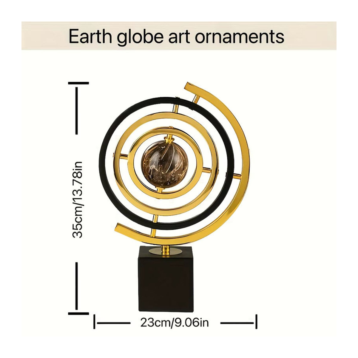Moderne abstrakte Globus-Skulptur aus Metall in Schwarz und Gold mit rechteckiger Basis zur Dekoration für dein Zuhause oder Büro - Bild 5