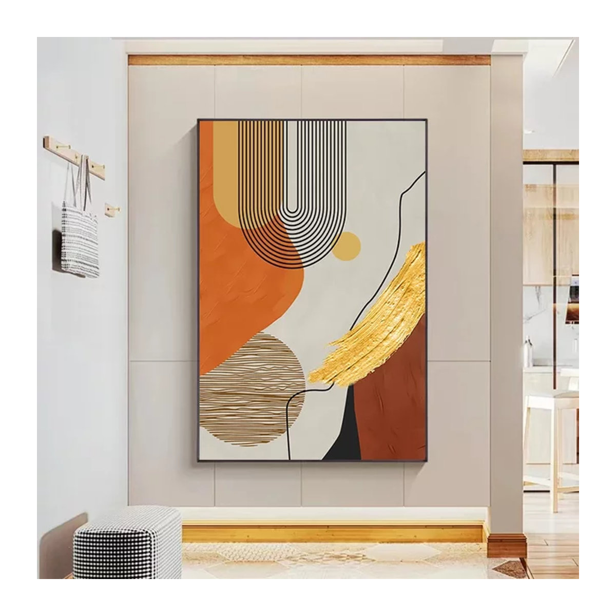 Moderne abstrakte Leinwandmalerei in Gold und Mehrfarbig für die Wandmontage im Hochformat - Bild 1
