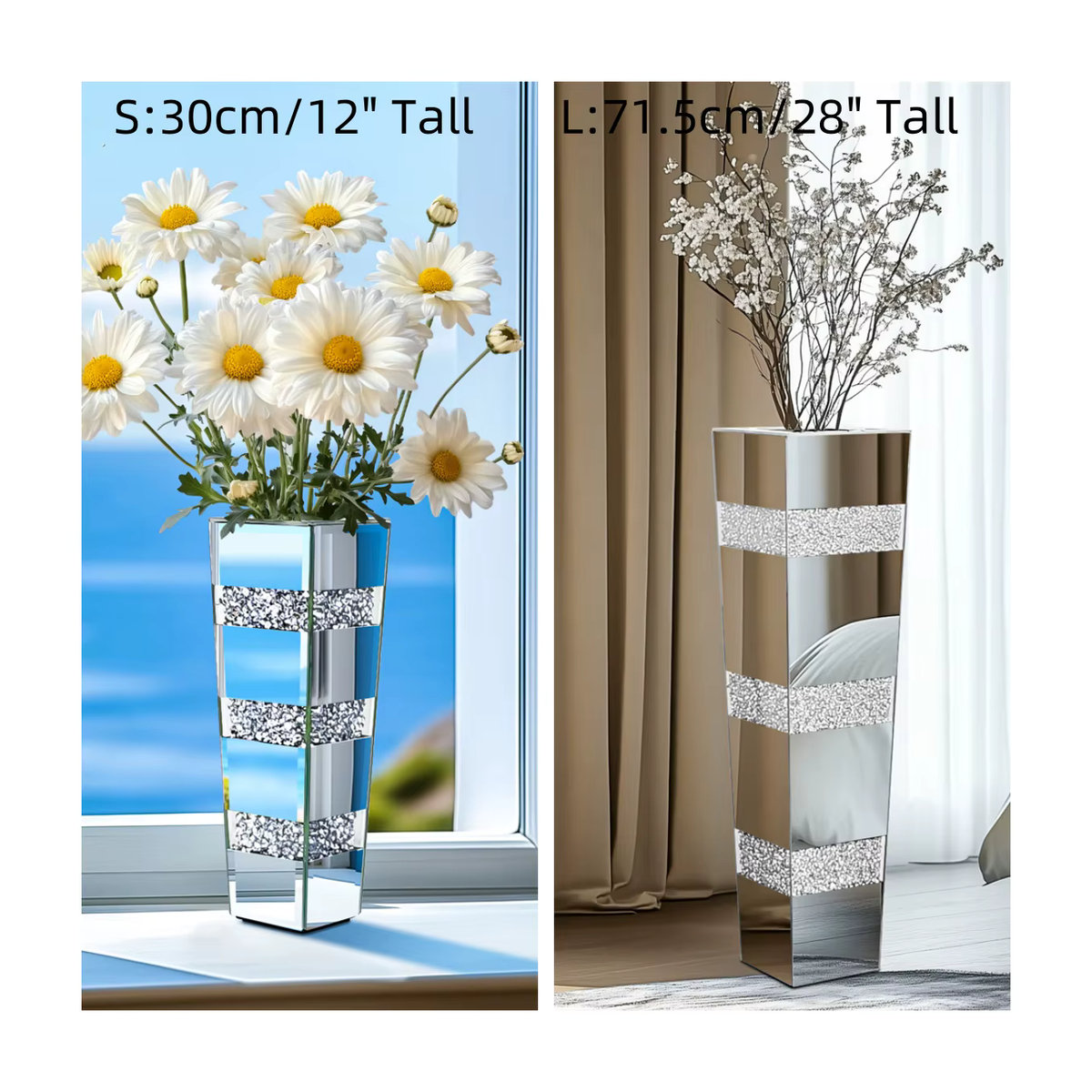 Moderne Boden-Blumenvase aus Glas und Metall in Silber für Schnittblumen, rechteckig und freistehend - Bild 2