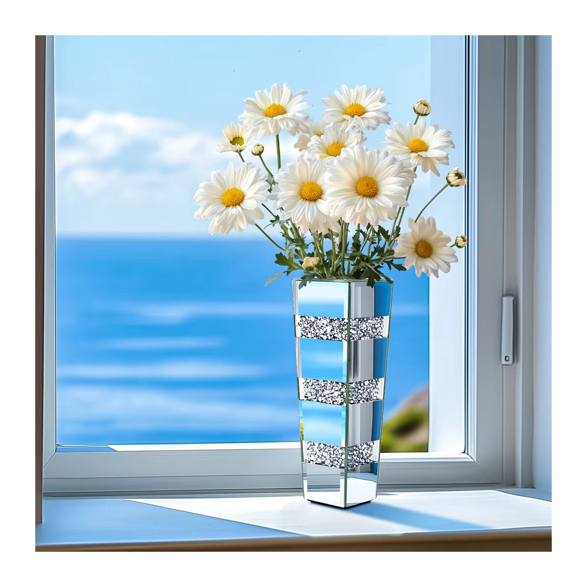 Moderne Boden-Blumenvase aus Glas und Metall in Silber für Schnittblumen, rechteckig und freistehend - Bild 5