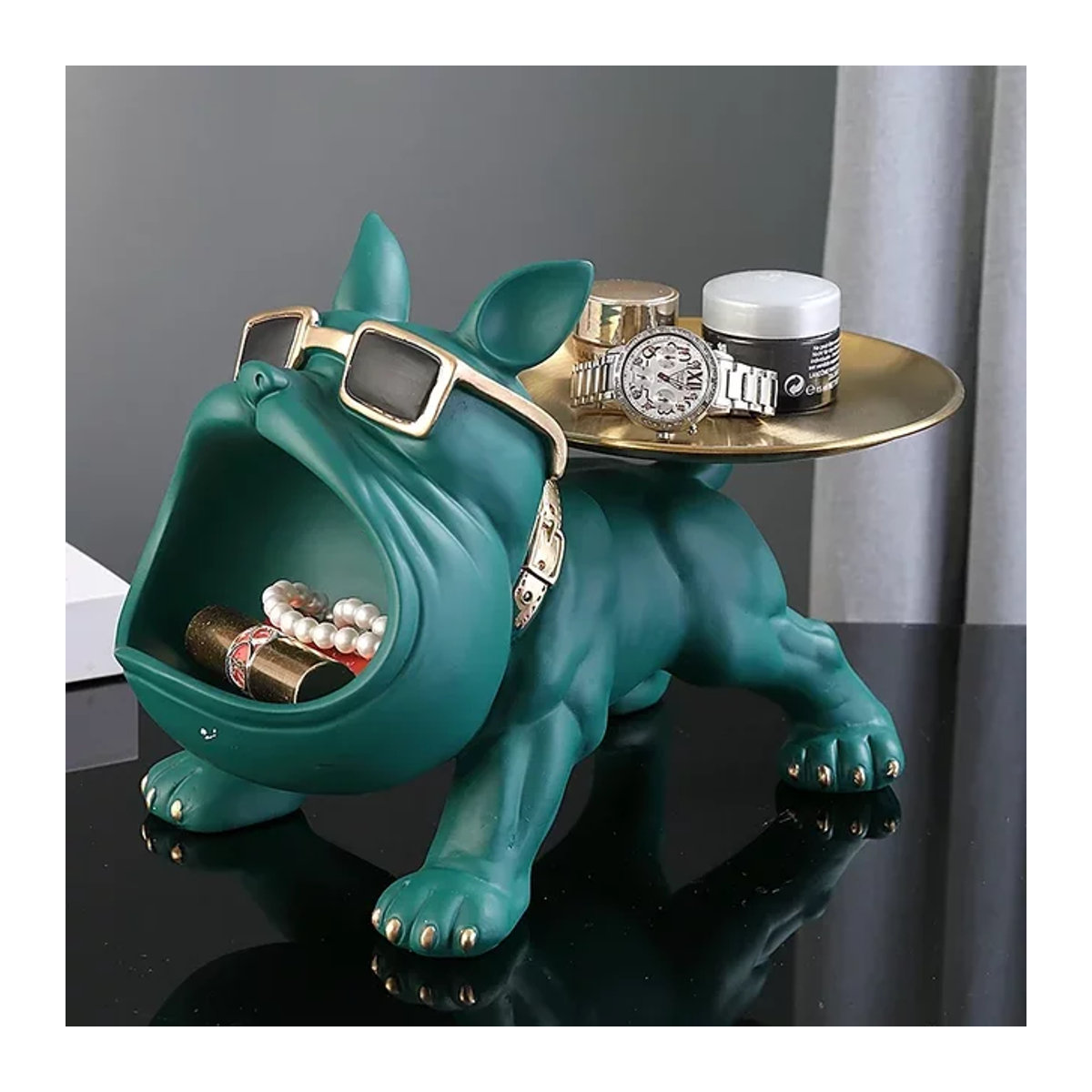 Moderne Bulldogge Statue aus Kunstharz als Tier Dekoration in Schwarz und Grün - Bild 1