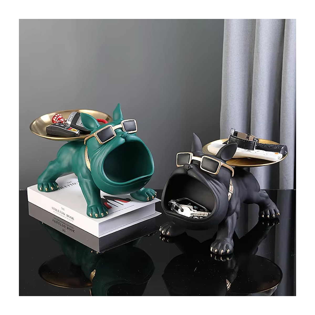 Moderne Bulldogge Statue aus Kunstharz als Tier Dekoration in Schwarz und Grün - Bild 2