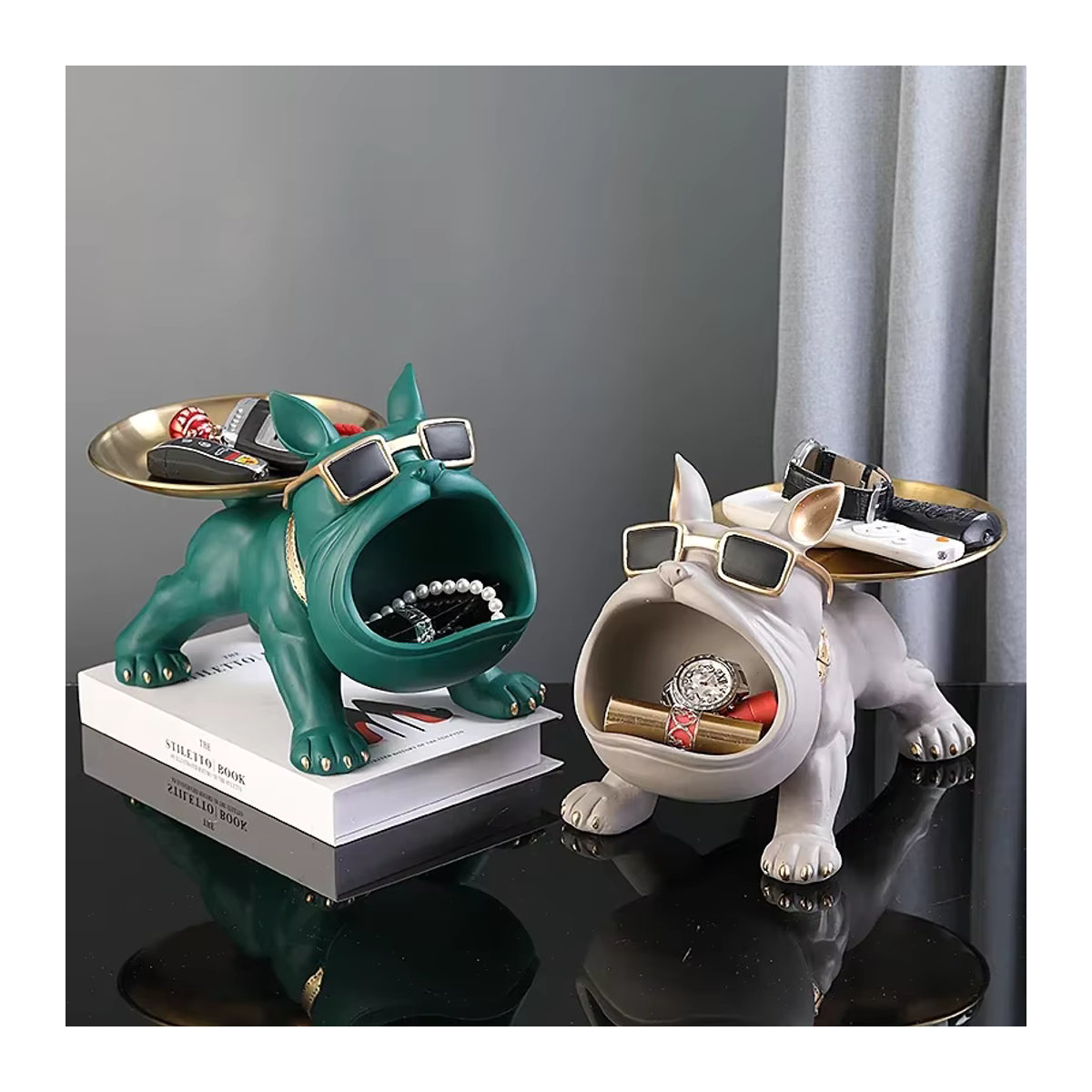 Moderne Bulldogge Statue aus Kunstharz als Tier Dekoration in Schwarz und Grün - Bild 3