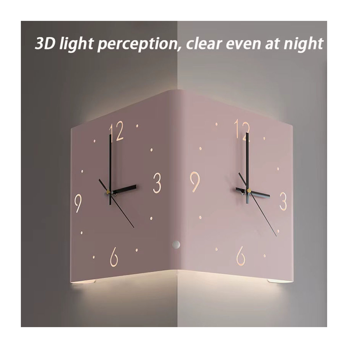 Moderne digitale LED Wanduhr für die Ecke in Weiß oder Rosa, geräuschlose quadratische Metalluhr mit Induktionsbeleuchtung zur Wandmontage - Bild 3
