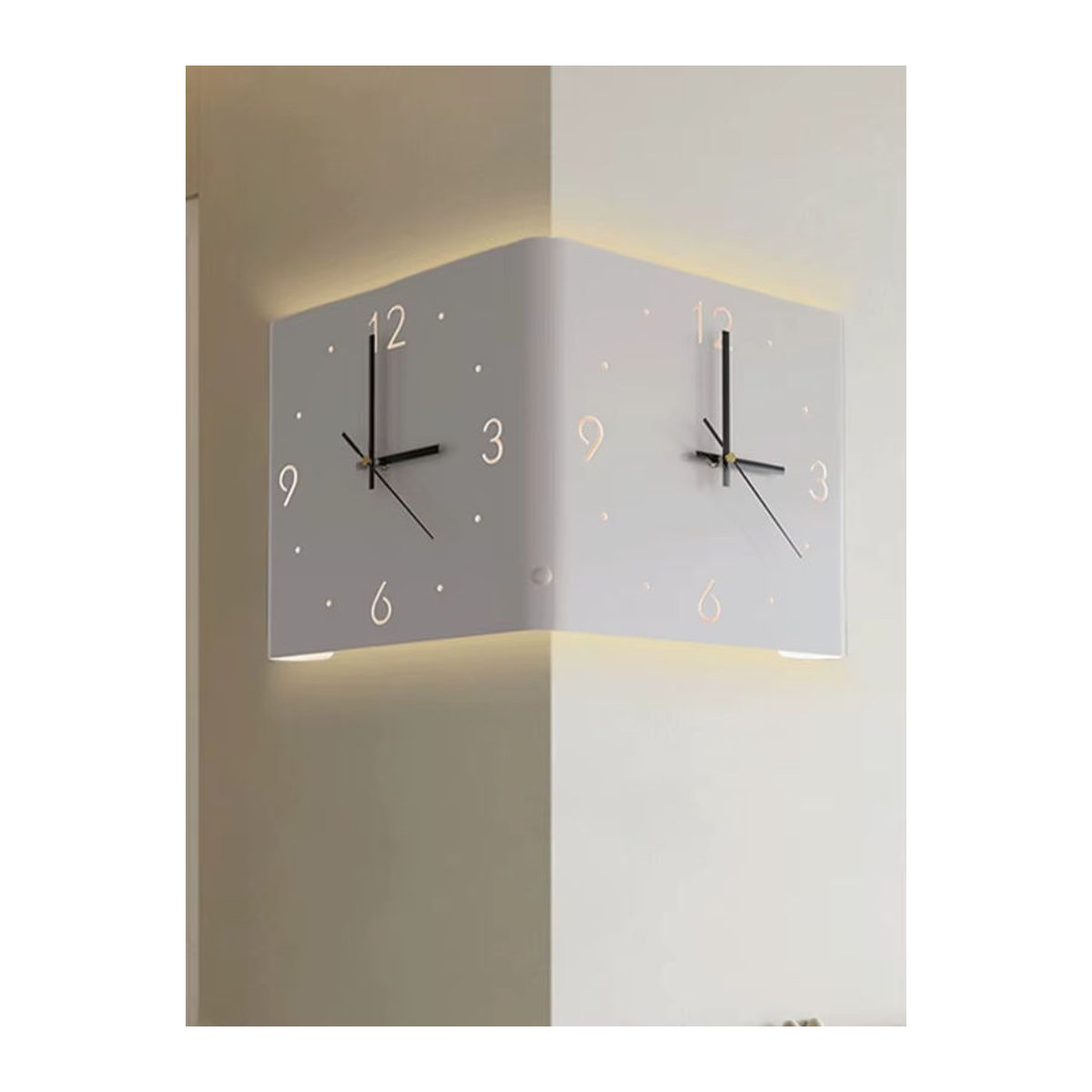Moderne digitale LED Wanduhr für die Ecke in Weiß oder Rosa, geräuschlose quadratische Metalluhr mit Induktionsbeleuchtung zur Wandmontage - Bild 4