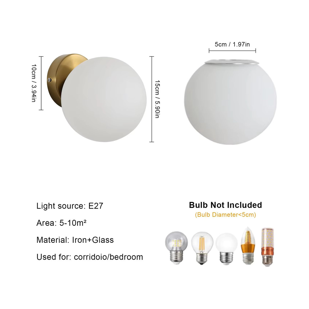 Moderne E27 Kugel-Wandleuchte mit Glasschirm für dein Wohnzimmer oder Schlafzimmer - Bild 2