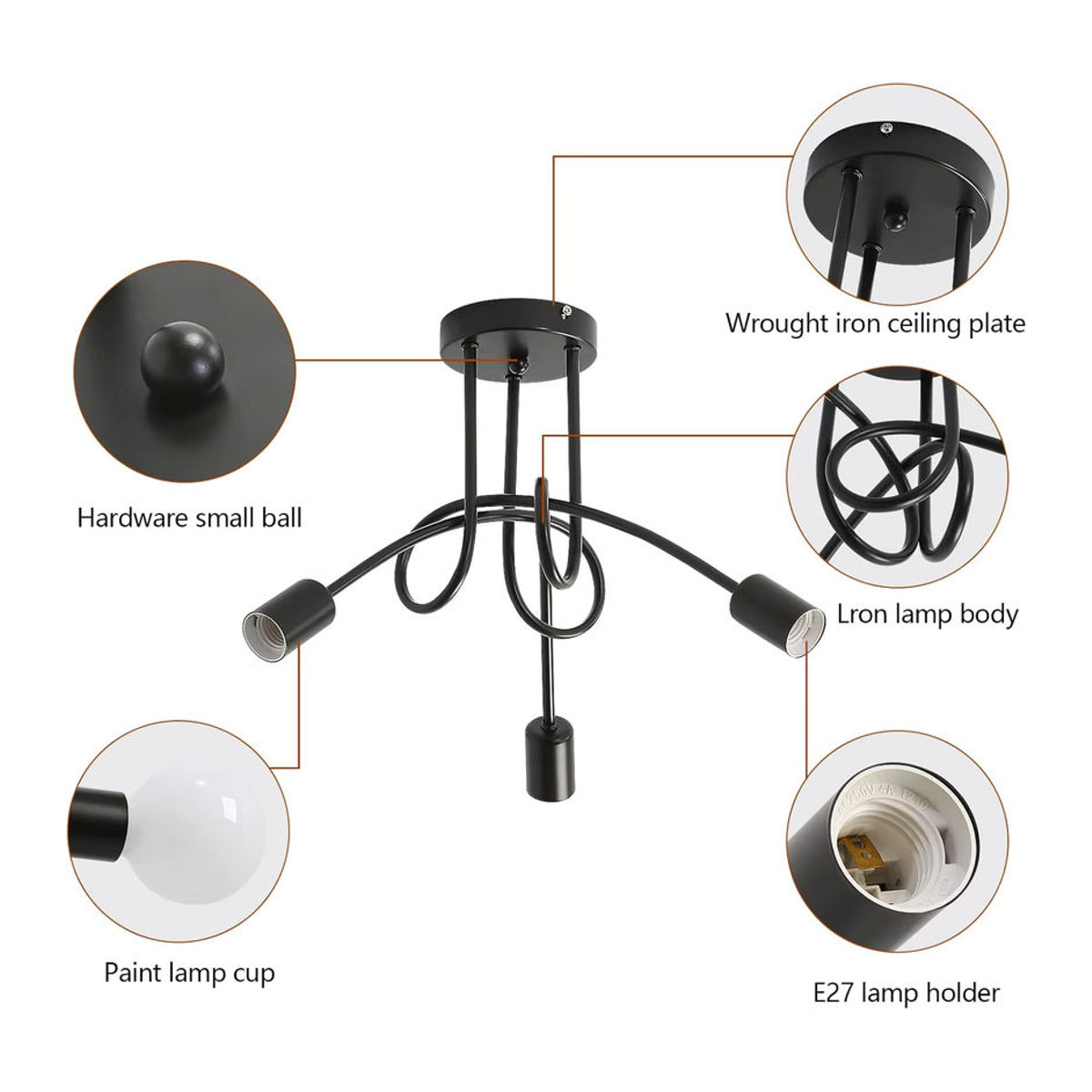 Moderne Industrie Deckenlampe aus Metall in Schwarz mit 3 E27 Fassungen - Bild 3