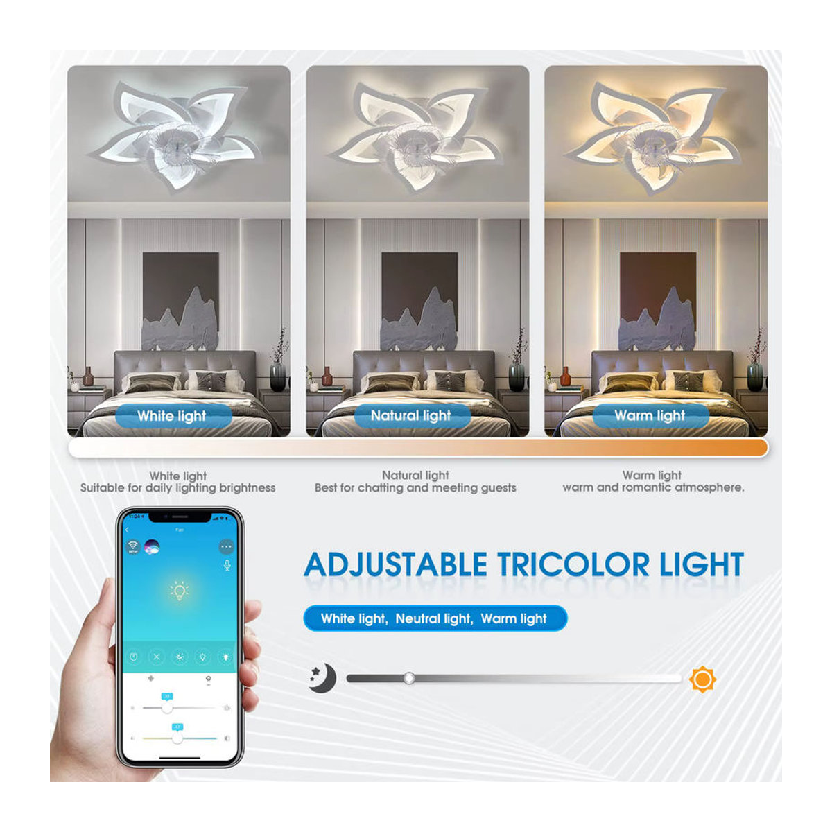 Moderne IRALAN Deckenventilator mit LED-Licht und Acryl-Flügeln in Weiß - Bild 4