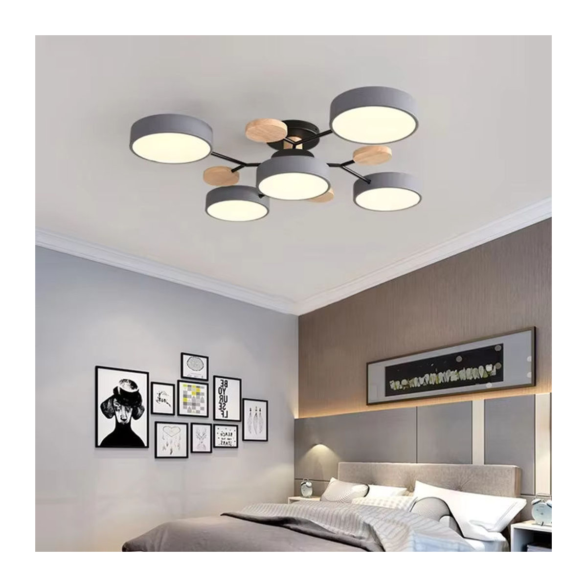 Moderne IRALAN LED Deckenleuchte in Schwarz oder Weiß mit Holz-Elementen, runder Kronleuchter für Wohnzimmer, Schlafzimmer und Restaurant - Bild 2