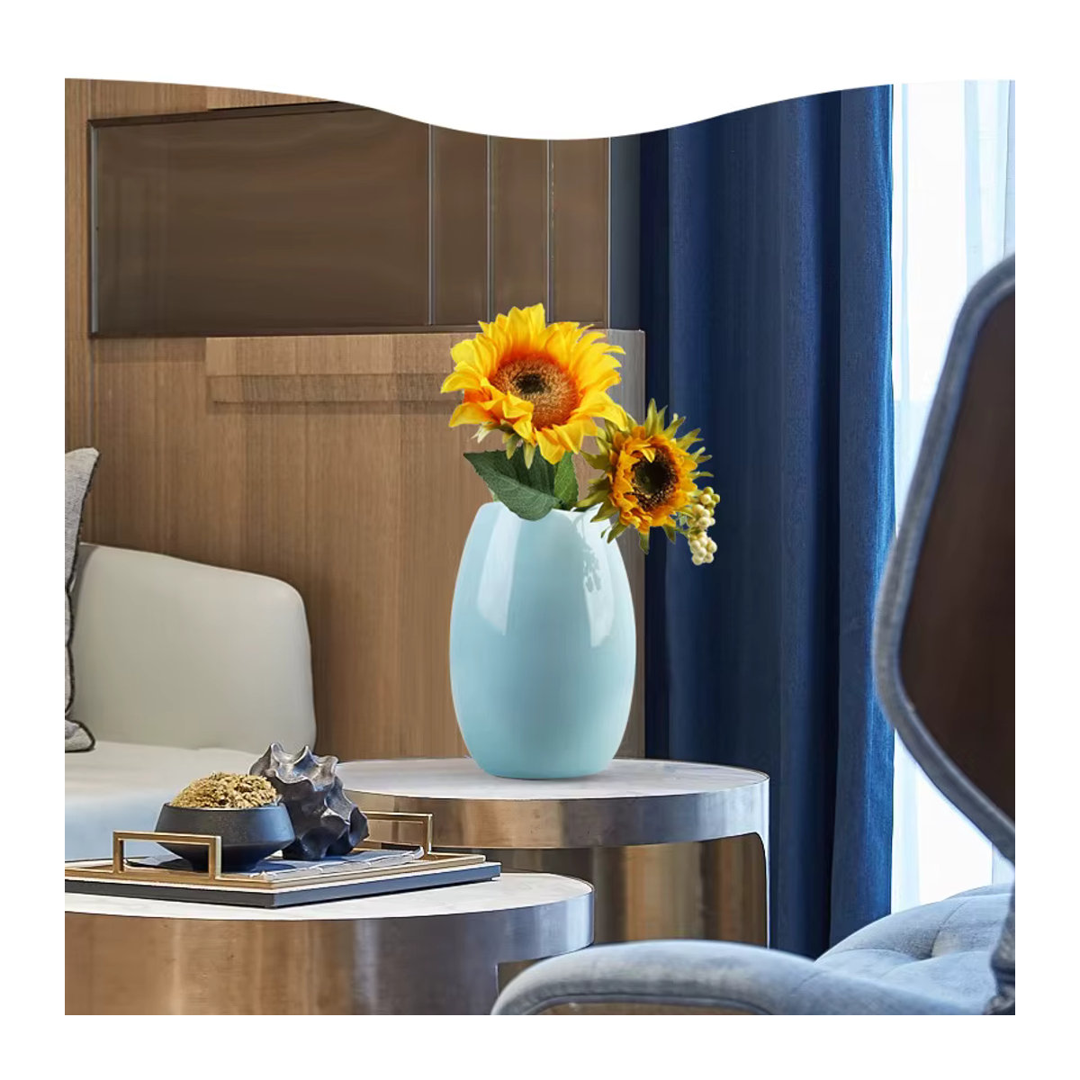 Moderne Keramik Vase im Nordic Design für Schnittblumen, Weiß und Cyan, bauchig und rund, H: 11,5 cm, B: 11,5 cm, T: 11,5 cm - Bild 3