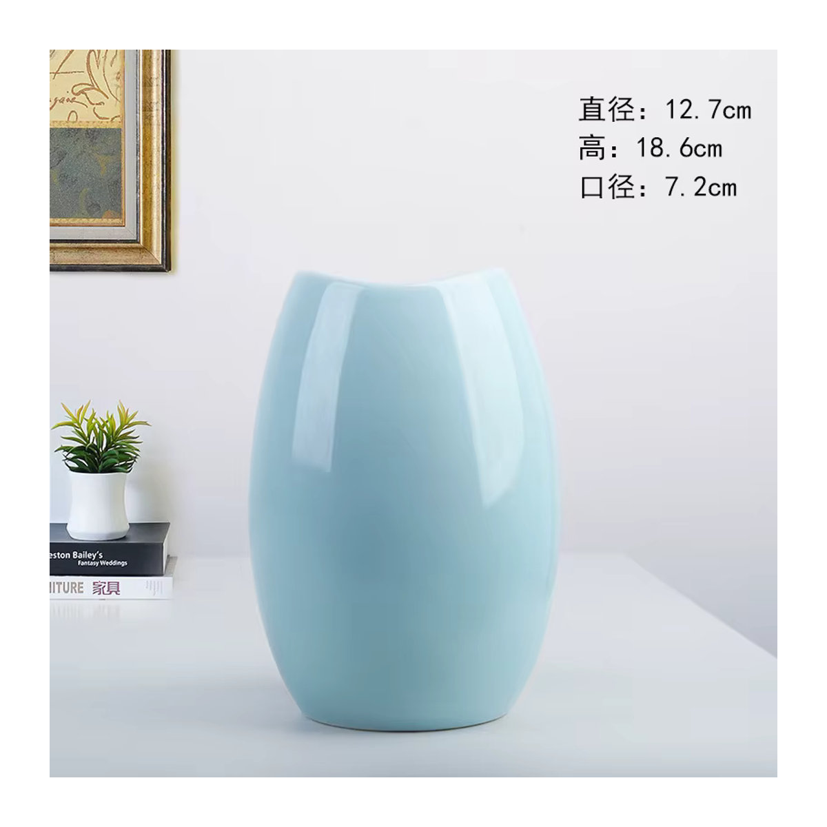 Moderne Keramik Vase im Nordic Design für Schnittblumen, Weiß und Cyan, bauchig und rund, H: 11,5 cm, B: 11,5 cm, T: 11,5 cm - Bild 4