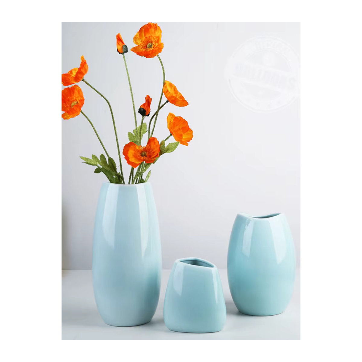 Moderne Keramik Vase im Nordic Design für Schnittblumen, Weiß und Cyan, bauchig und rund, H: 11,5 cm, B: 11,5 cm, T: 11,5 cm - Bild 5