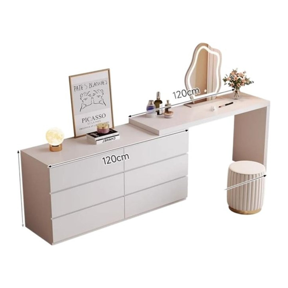 Moderne Kommode mit integriertem Schminktisch und Eckschreibtisch in Weiß - Bild 1