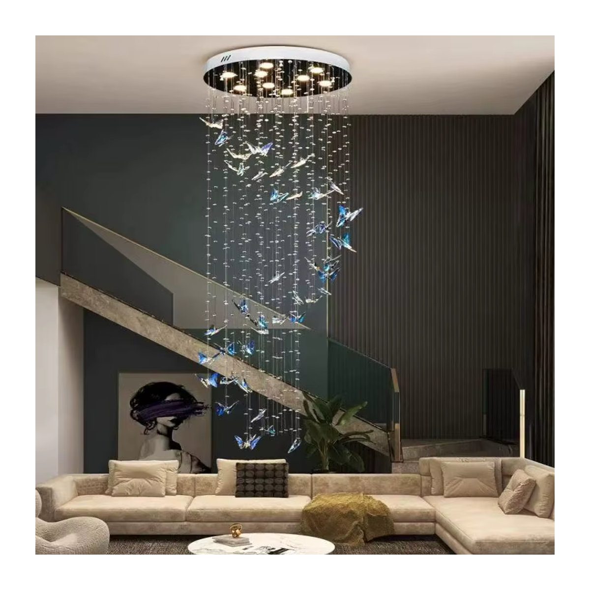 Moderne Kristall-Hängelampe von JIANKEXING als rotierender Schmetterlings-Kronleuchter aus Glas in Silber und Bunt für dein Wohnzimmer oder Loft - Bild 4