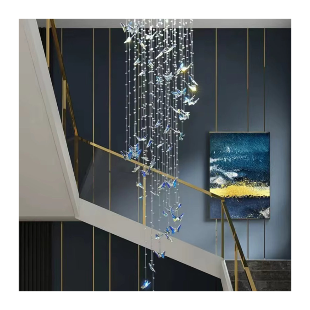 Moderne Kristall-Hängelampe von JIANKEXING als rotierender Schmetterlings-Kronleuchter aus Glas in Silber und Bunt für dein Wohnzimmer oder Loft - Bild 6