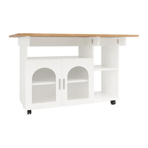 Moderne Kücheninsel FC als multifunktionaler Servierwagen mit Stauraum und Glastürschränken, B/T/H: 120 x 30 x 79,5 cm, Weiß und Naturfarbe