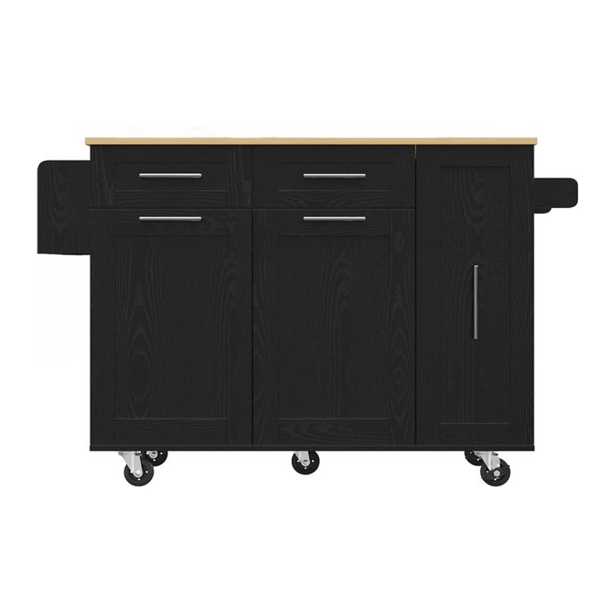 Moderne Kücheninsel in Schwarz mit klappbarer Tischplatte, Snackregalen und Stretchfunktionsschränken, B: 134,5 cm, T: 46 cm, H: 90,5 cm - Bild 1