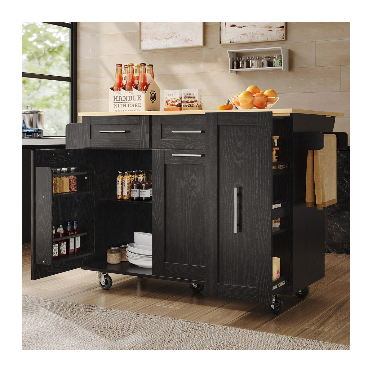 Moderne Kücheninsel in Schwarz mit klappbarer Tischplatte, Snackregalen und Stretchfunktionsschränken, B: 134,5 cm, T: 46 cm, H: 90,5 cm - Bild 2