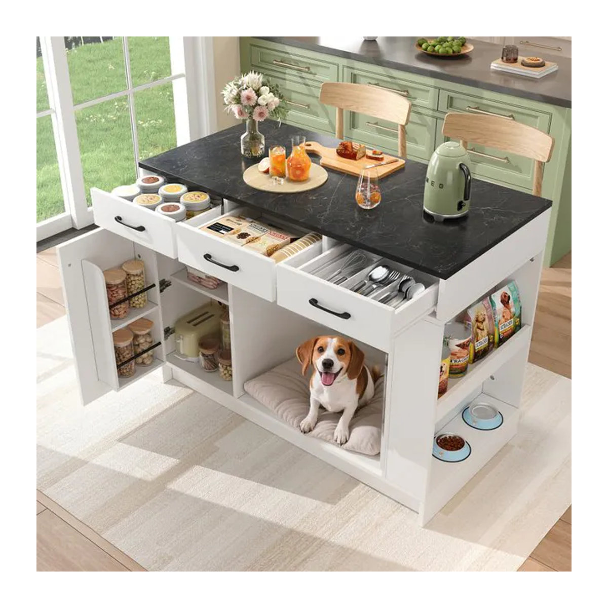 Moderne Kücheninsel mit 3 Schubladen, Gewürzablage, verstellbarem Regal und Haustier-Aufbewahrungsbereich in Grau und Weiß - Bild 1