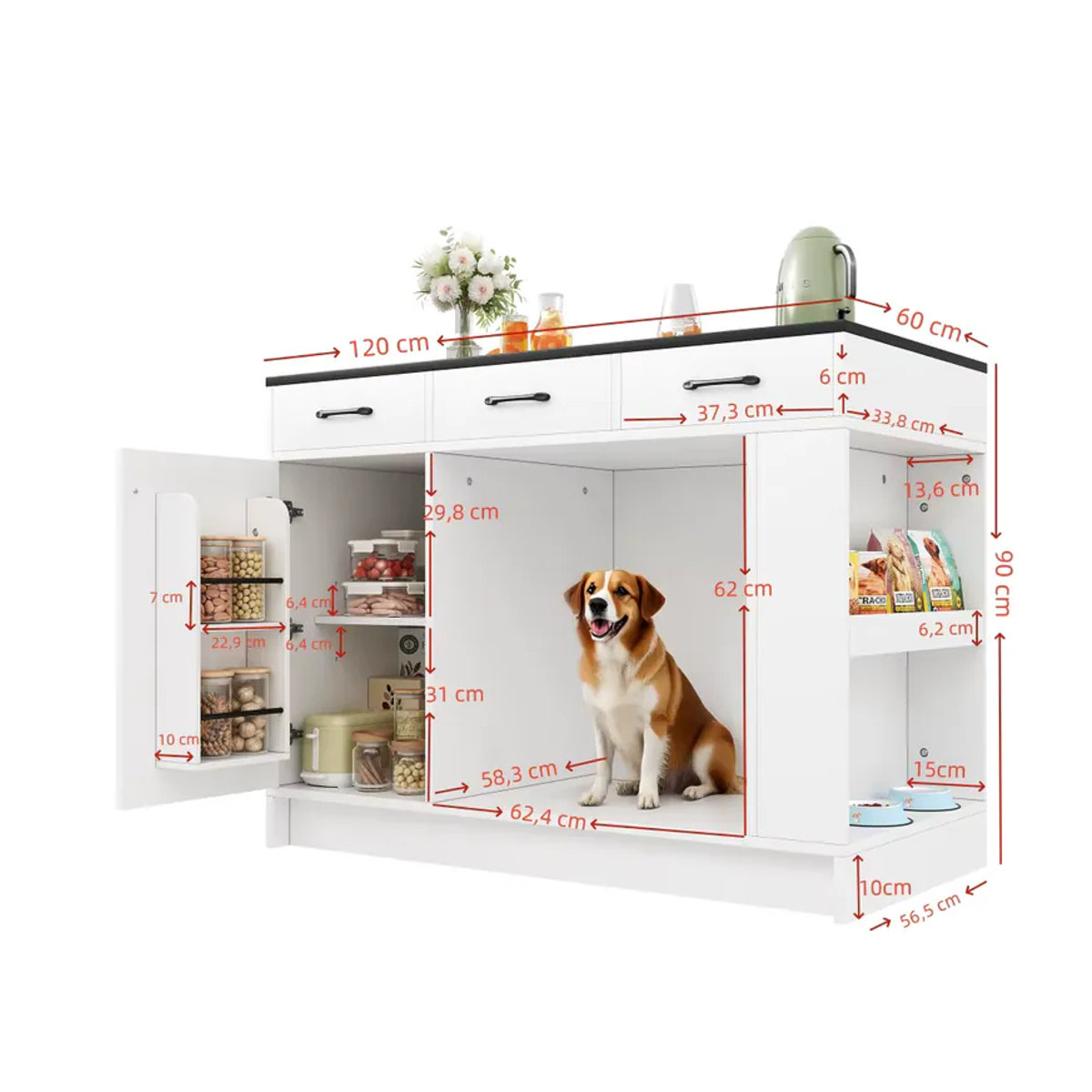 Moderne Kücheninsel mit 3 Schubladen, Gewürzablage, verstellbarem Regal und Haustier-Aufbewahrungsbereich in Grau und Weiß - Bild 2