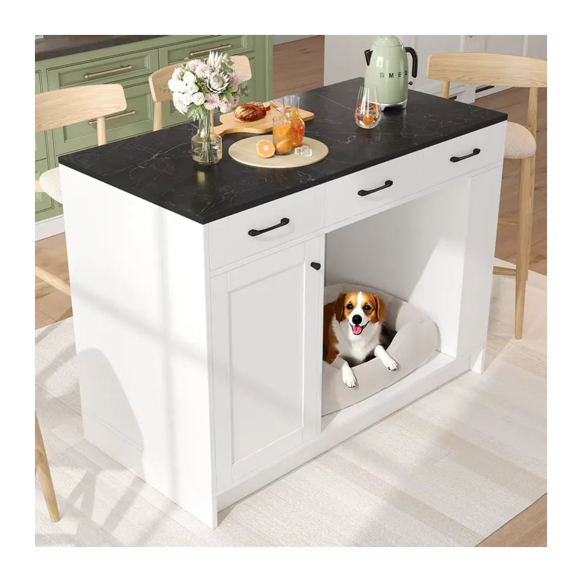 Moderne Kücheninsel mit 3 Schubladen, Gewürzablage, verstellbarem Regal und Haustier-Aufbewahrungsbereich in Grau und Weiß - Bild 3