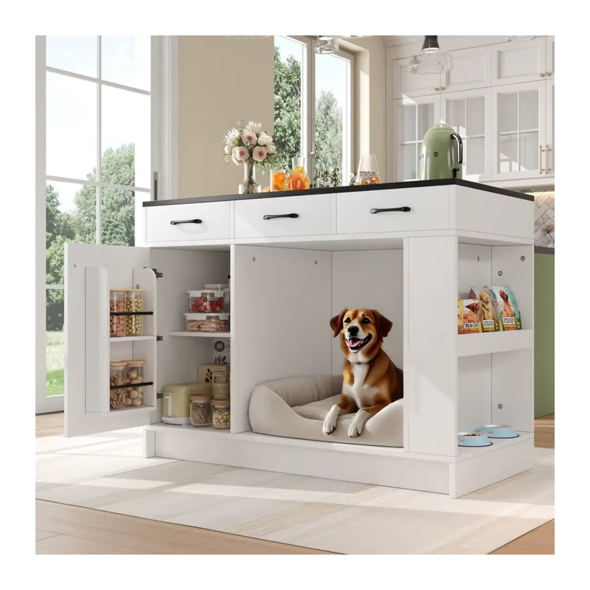 Moderne Kücheninsel mit 3 Schubladen, Gewürzablage, verstellbarem Regal und Haustier-Aufbewahrungsbereich in Grau und Weiß - Bild 5