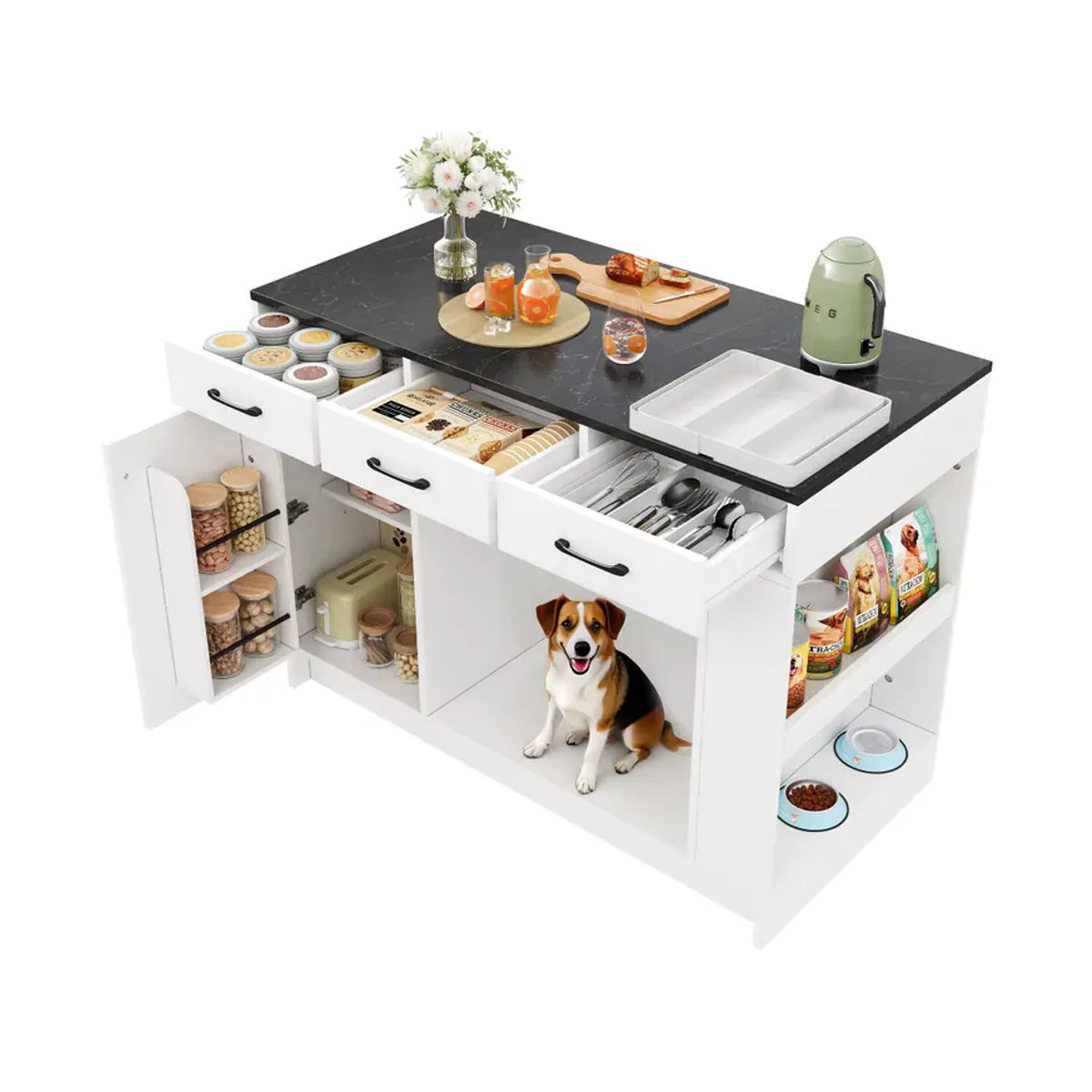 Moderne Kücheninsel mit 3 Schubladen, Gewürzablage, verstellbarem Regal und Haustier-Aufbewahrungsbereich in Grau und Weiß - Bild 7