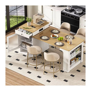 Moderne Kücheninsel mit Rollen und ausziehbarem Esstisch, inklusive abnehmbarer Arbeitsplatte und Steckdosenstangen, als Sideboard oder Stehtisch erhältlich in Weiß, Schwarz/Weiß oder Eiche Natur
