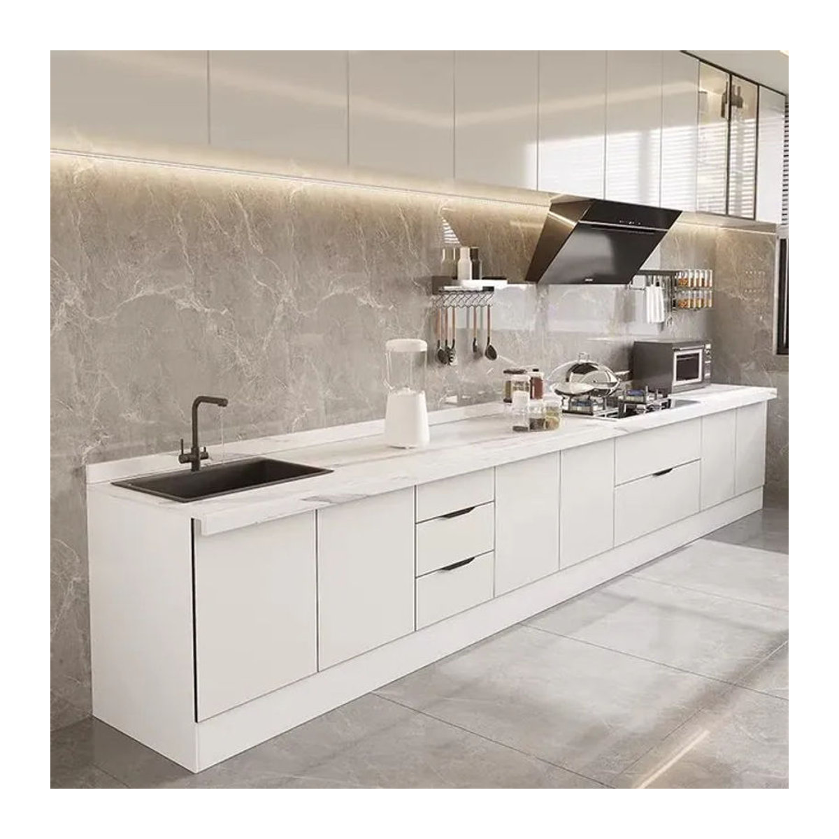 Moderne Küchenschränke aus Edelstahl in Weiß mit Kücheninsel-Design - Bild 1
