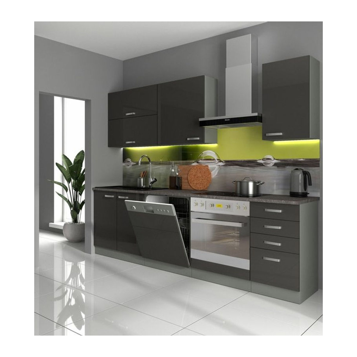 Moderne Küchenzeile Bianca Basic II 240 in Glanz Grau mit Drehtüren - Bild 1