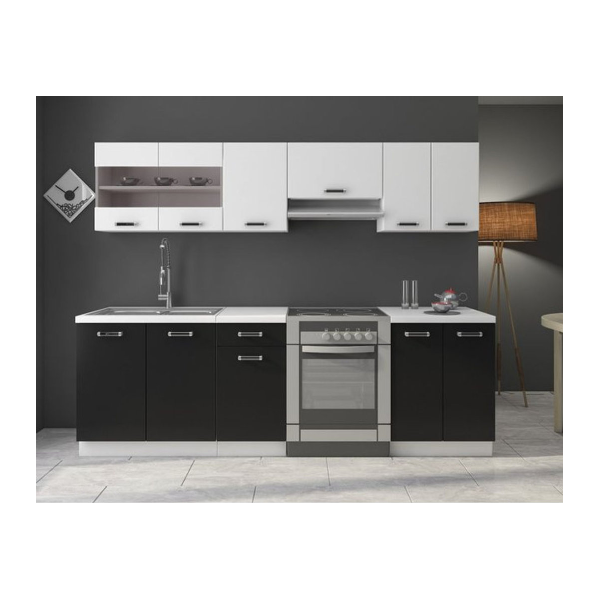 Moderne Küchenzeile Omega in Schwarz/Weiß, variabel stellbar, Breite: 240 cm - Bild 1