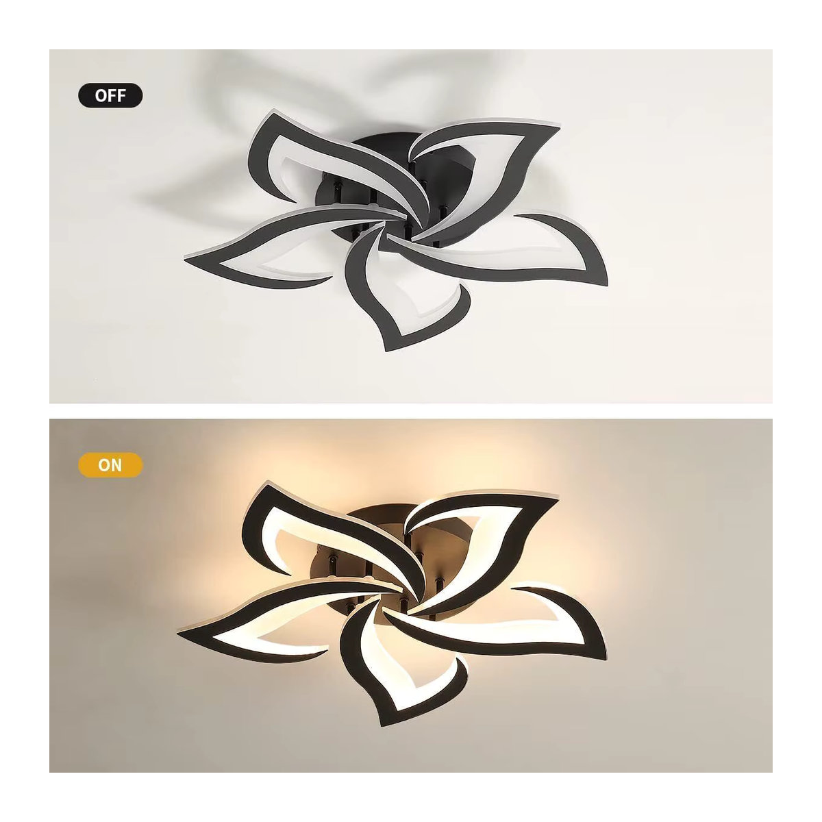 Moderne LED-Deckenlampe in Schwarz mit 5 Blütenblättern aus Acryl, 60 W, 6000 lm, Warmweiß - Bild 3