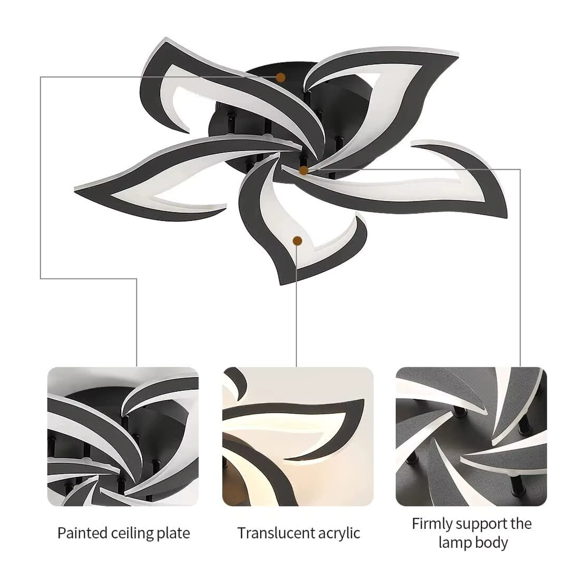 Moderne LED-Deckenlampe in Schwarz mit 5 Blütenblättern aus Acryl, 60 W, 6000 lm, Warmweiß - Bild 5