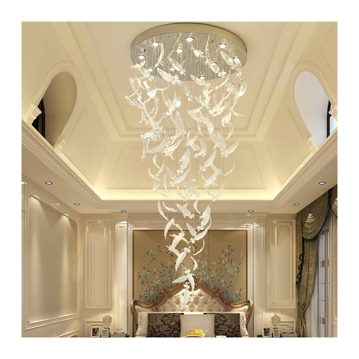 Moderne LED Deckenleuchte JIANKEXING Kronleuchter aus Edelstahl mit Bernstein Kristall Feder Design in Braun und Silber - Bild 1