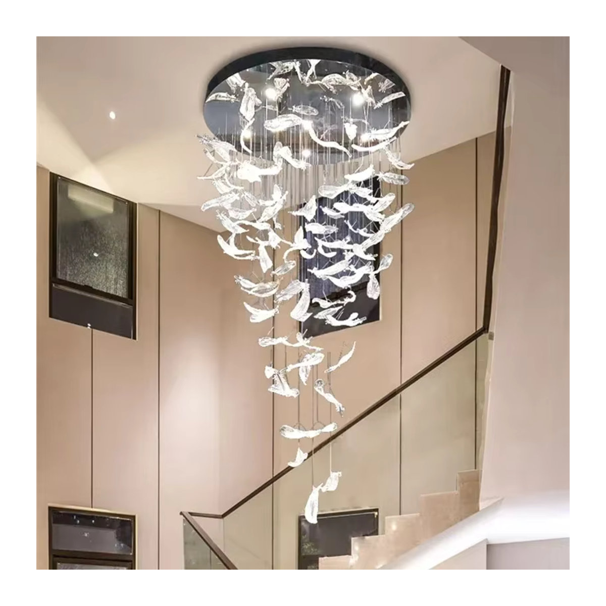 Moderne LED Deckenleuchte JIANKEXING Kronleuchter aus Edelstahl mit Bernstein Kristall Feder Design in Braun und Silber - Bild 3