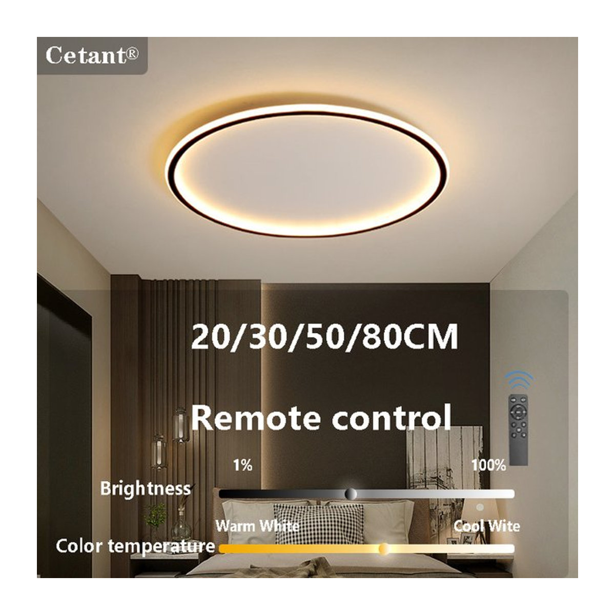 Moderne LED-Deckenleuchte von CETANT in Weiß mit Fernbedienung, 50 cm Durchmesser - Bild 1