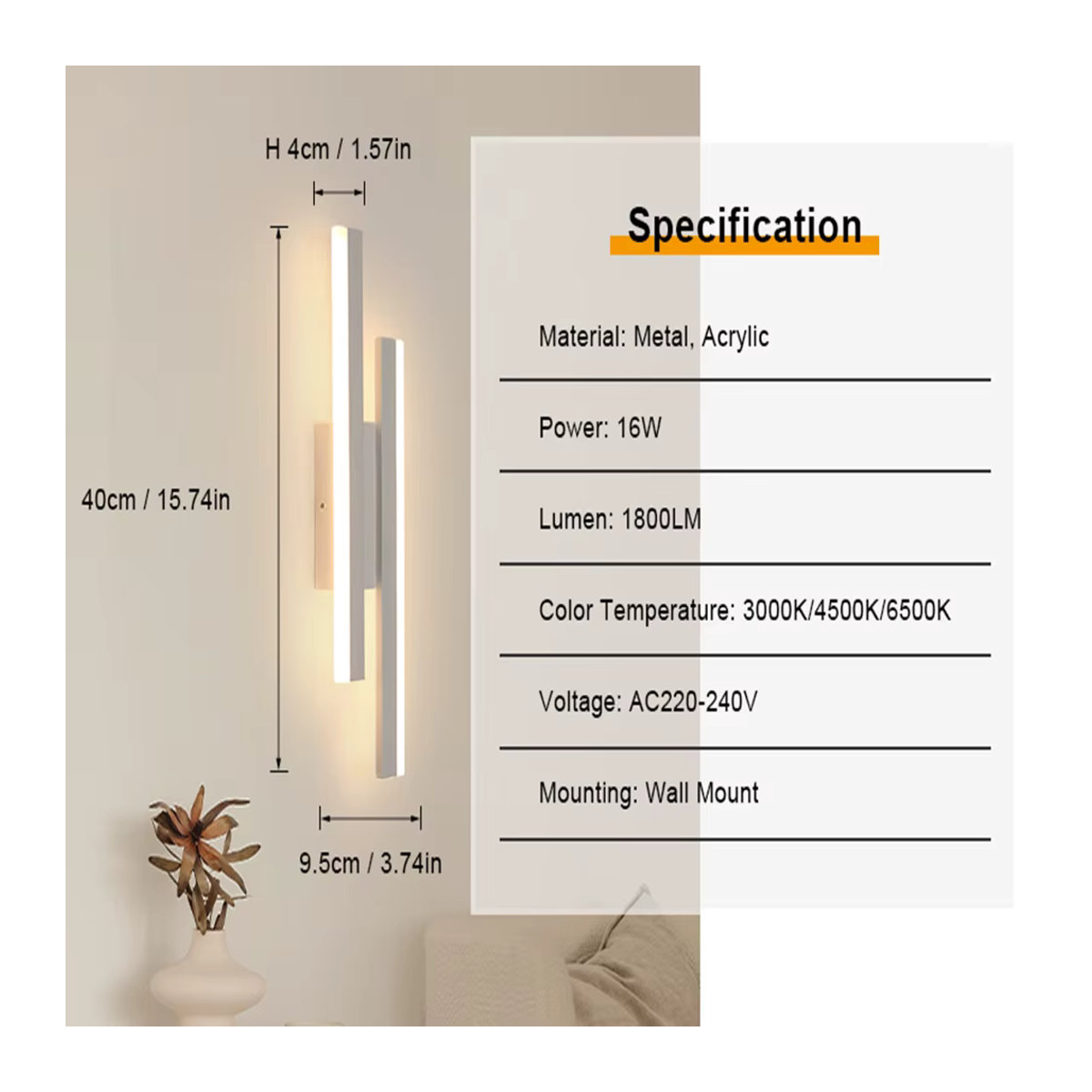 Moderne LED-Innenwandleuchte in Weiß, 16 W, dimmbar mit 3 Farbtemperaturen (3000 K, 4500 K, 6500 K) aus Metall - Bild 2