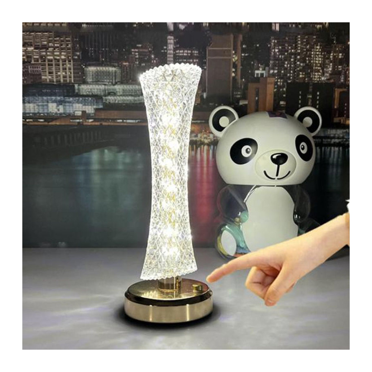Moderne LED Nachttischlampe aus Acryl in Transparent und Silber, batteriebetrieben mit Touch-Steuerung und dimmbarer Helligkeit, Höhe: 23,5 cm - Bild 3