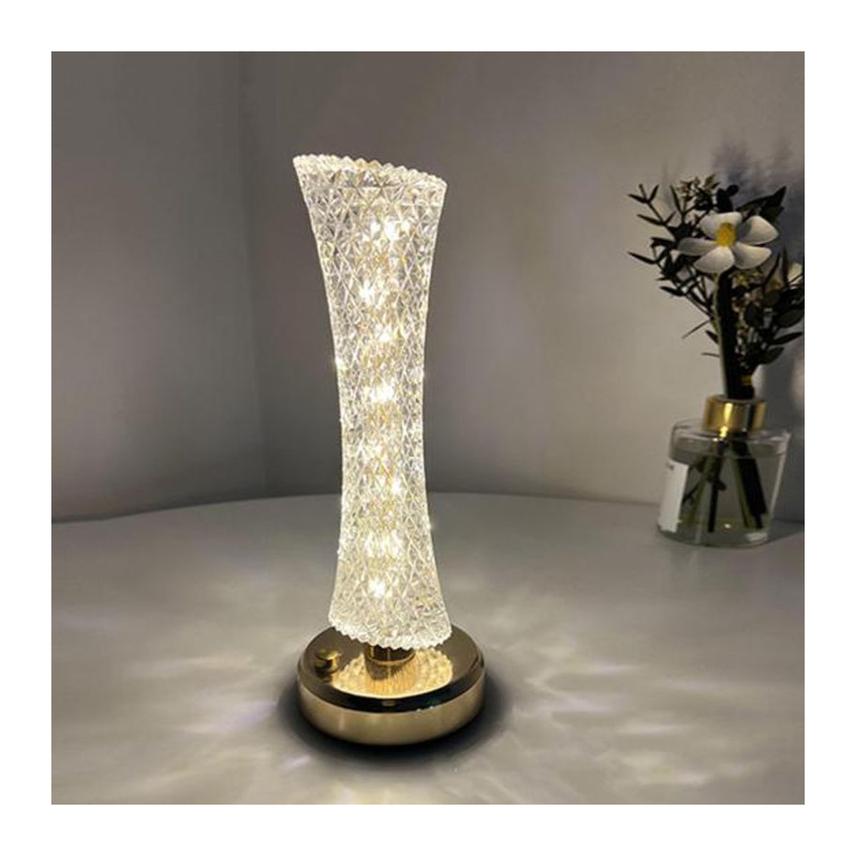 Moderne LED Nachttischlampe aus Acryl in Transparent und Silber, batteriebetrieben mit Touch-Steuerung und dimmbarer Helligkeit, Höhe: 23,5 cm - Bild 5